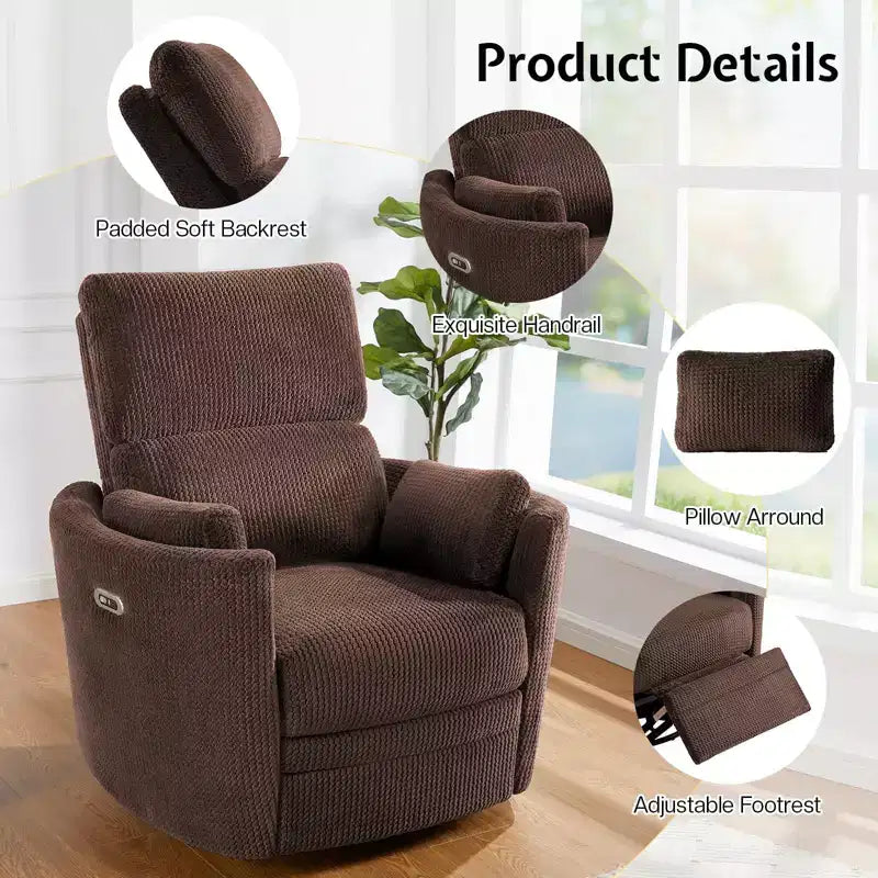 Fauteuil inclinable électrique de crèche AMERLIFE, planeur à bascule pivotant électrique avec USB et Type-C, fauteuil avec 2 oreillers, canapé inclinable pour la maison