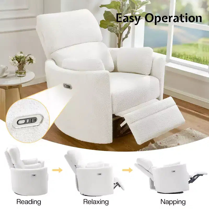 Fauteuil inclinable électrique de crèche AMERLIFE, planeur à bascule pivotant électrique avec USB et Type-C, fauteuil avec 2 oreillers, canapé inclinable pour la maison