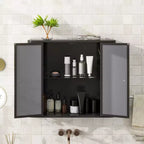 Meuble-lavabo mural noir Chic Crate à 2 portes miroir et étagère ouverte | Cadre en métal style ferme | Au-dessus de l'évier