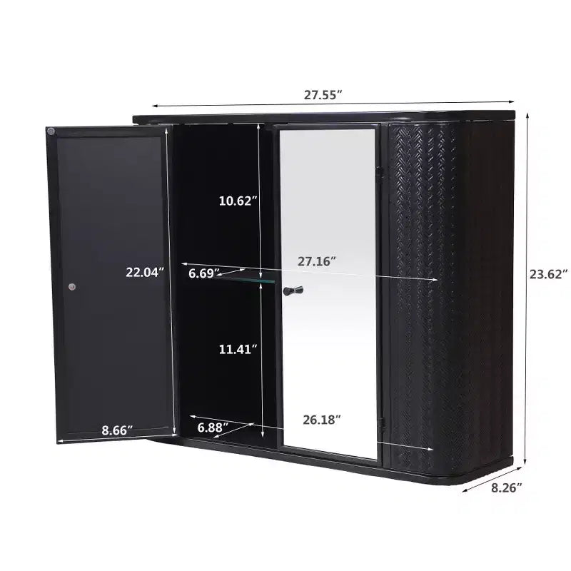 Meuble-lavabo mural noir Chic Crate à 2 portes miroir et étagère ouverte | Cadre en métal style ferme | Au-dessus de l'évier