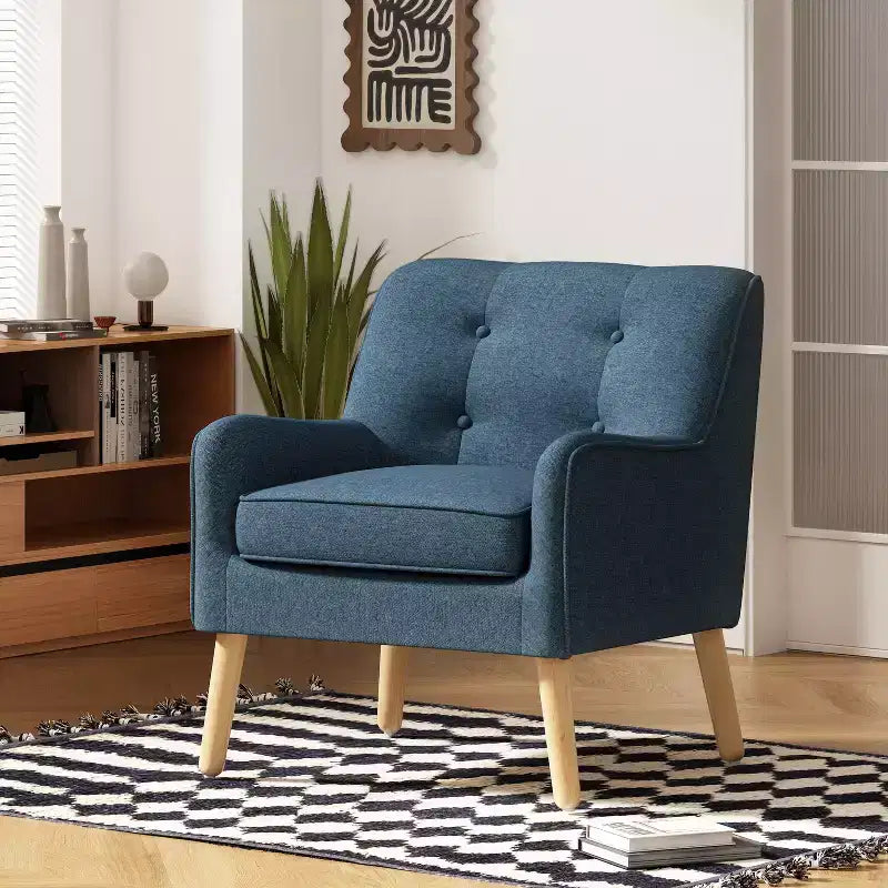 Okak Modern Mid-Century Accent Chairs for Bedroom, Tufted Fabric Accent Chair with Solid Wood Legs for Living Room