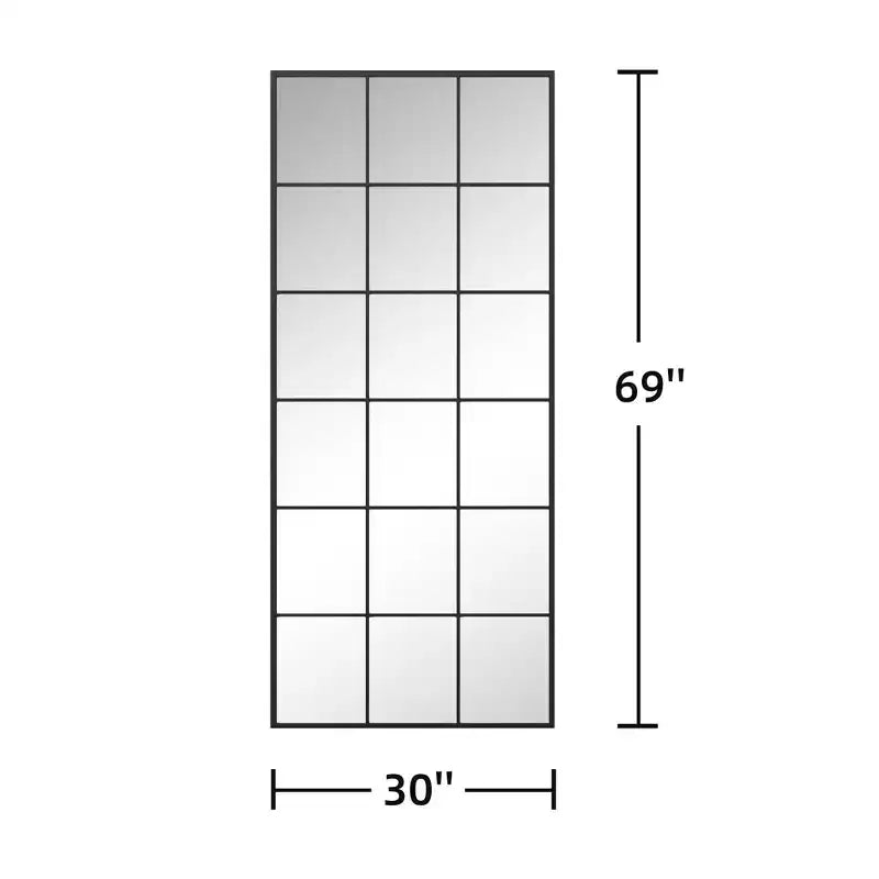 Miroir rectangulaire noir 69x30 en pied avec cadre métallique et carreaux, idéal pour salle de bain, chambre, entrée, salon