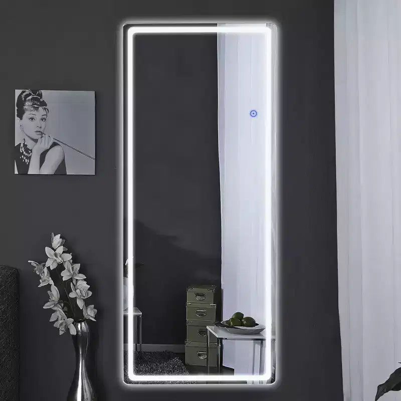 Miroir de sol rectangulaire LED 63x20 avec support, miroir pleine longueur HD avec cadre en alliage d'aluminium et 3 températures de couleur, argent