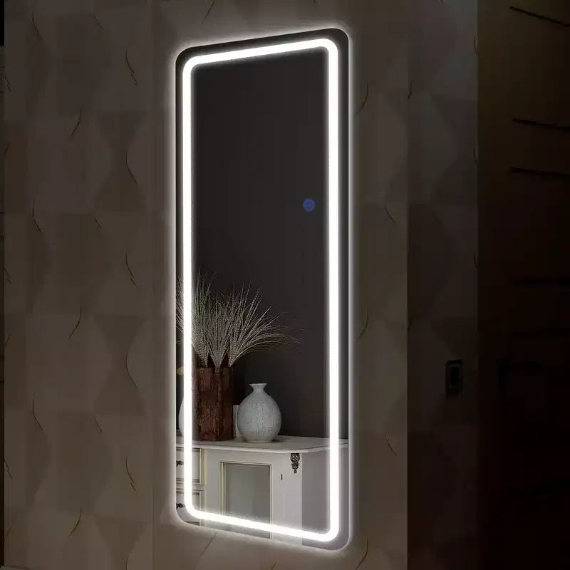 Miroir de sol rectangulaire LED 63x20 avec support, miroir pleine longueur HD avec cadre en alliage d'aluminium et 3 températures de couleur, argent