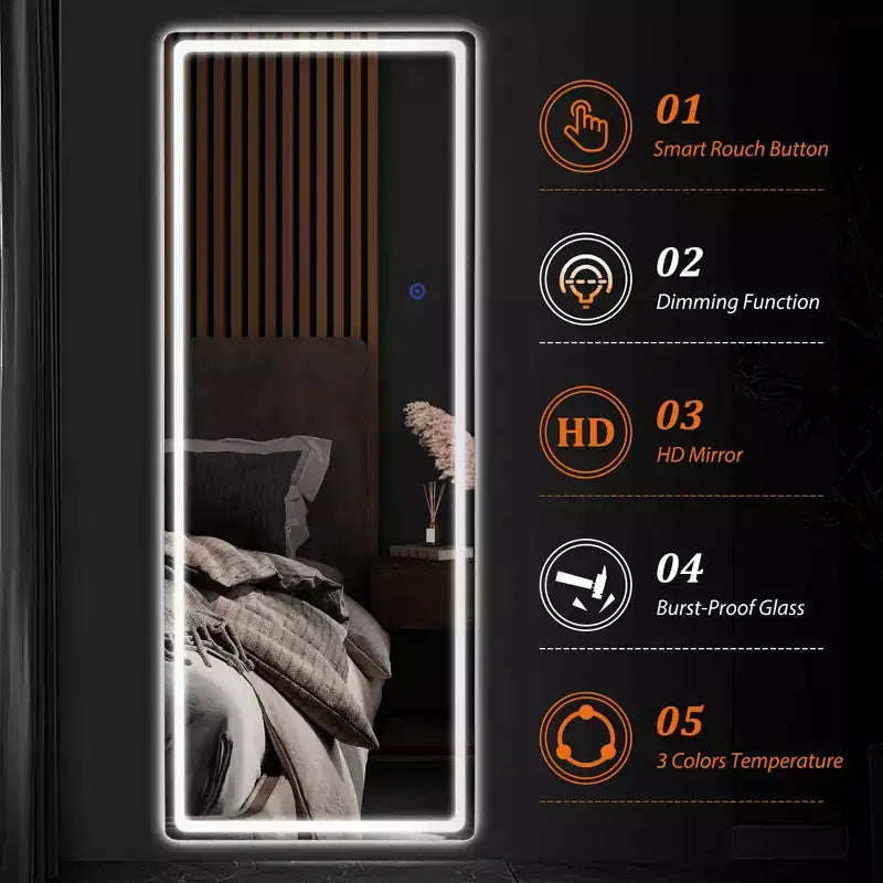 Miroir de sol rectangulaire LED 63x20 avec support, miroir pleine longueur HD avec cadre en alliage d'aluminium et 3 températures de couleur, argent