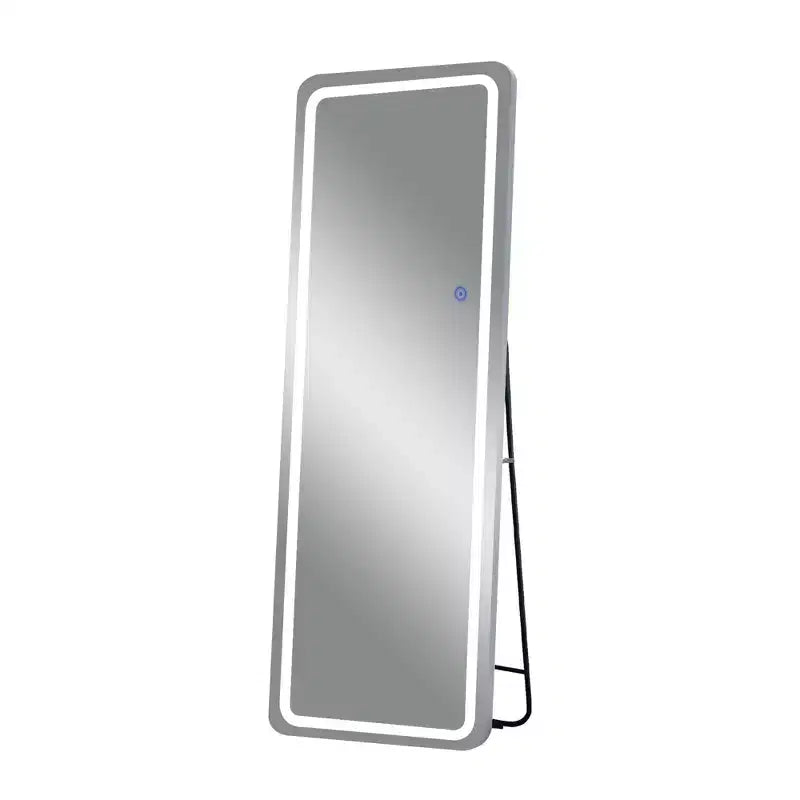 Miroir de sol rectangulaire LED 63x20 avec support, miroir pleine longueur HD avec cadre en alliage d'aluminium et 3 températures de couleur, argent