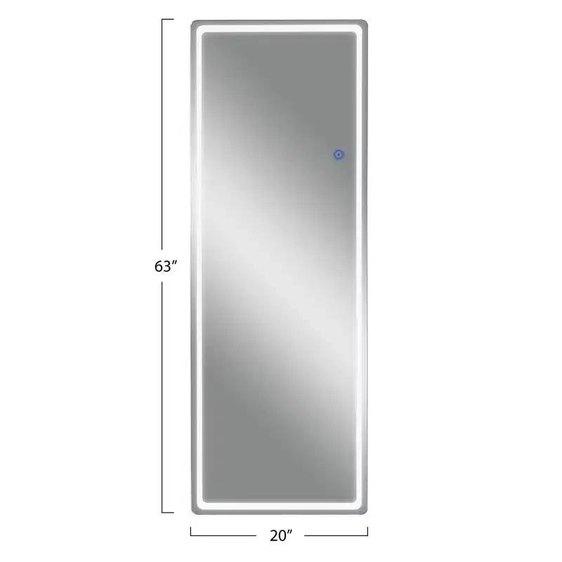 Miroir de sol rectangulaire LED 63x20 avec support, miroir pleine longueur HD avec cadre en alliage d'aluminium et 3 températures de couleur, argent