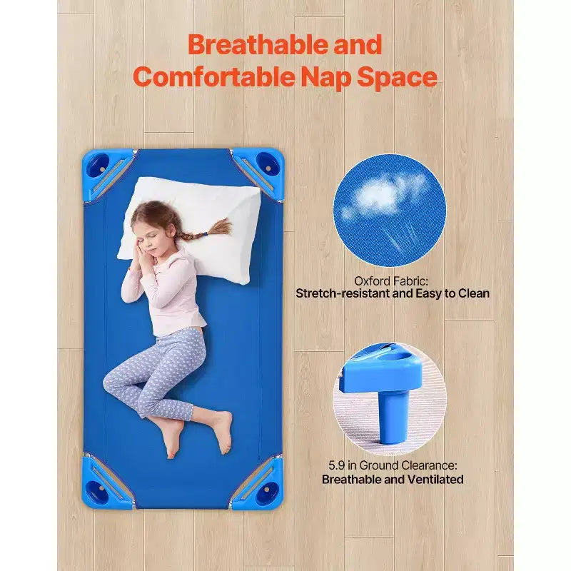 Lit de camp empilable VEVOR pour enfants, lot de 6, lits de sieste portables pour tout-petits, lits de jour de taille standard 106,7 cm L x 58,4 cm l pour enfants, lits de garderie pour salle de classe préscolaire