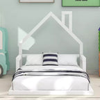 Cadre de Lit Jumeau Okak avec Tête de Lit Rangement, Lit Jumeau en Bois avec Tête de Lit en Forme de Maison pour Chambre, Blanc