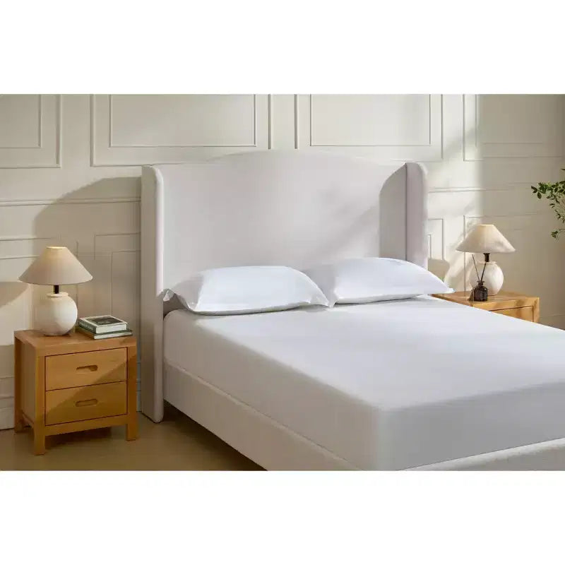 Okak 54 Cadre de lit double avec dossier rembourré, lit plateforme en chenille de qualité supérieure avec design minimaliste pour chambre à coucher, crème