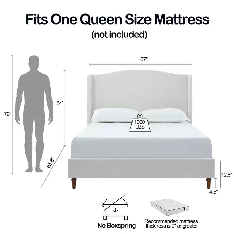 Okak 54 Cadre de lit double avec dossier rembourré, lit plateforme en chenille de qualité supérieure avec design minimaliste pour chambre à coucher, crème