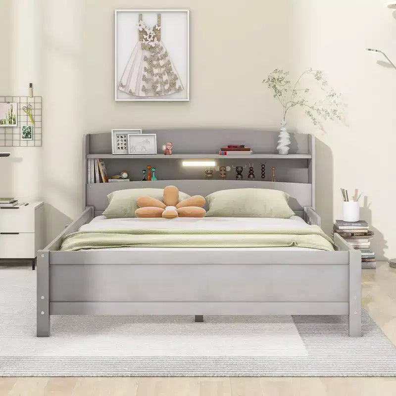 Lit double Okak avec tête de lit, plateforme en bois avec lumière LED intégrée, tête de lit de rangement et barrière de sécurité, gris antique