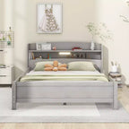 Lit double Okak avec tête de lit, plateforme en bois avec lumière LED intégrée, tête de lit de rangement et barrière de sécurité, gris antique