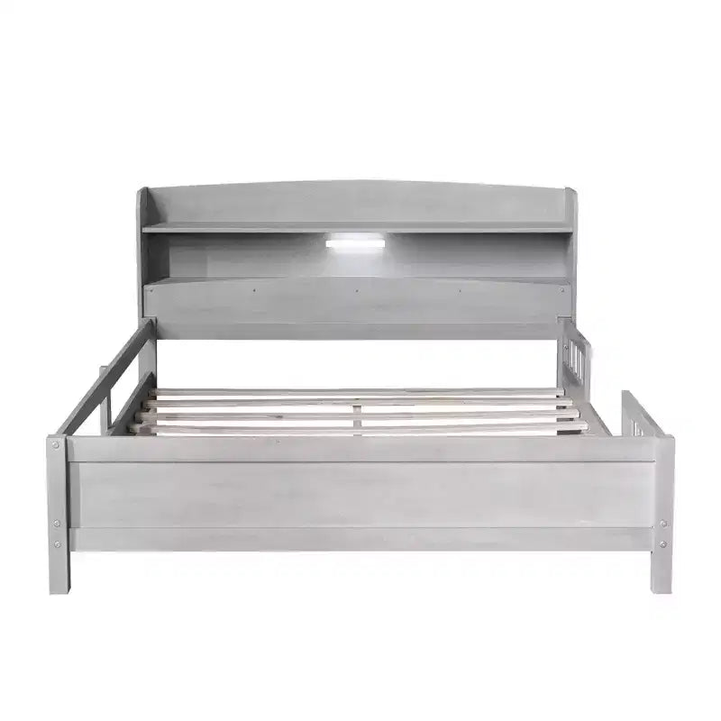 Lit double Okak avec tête de lit, plateforme en bois avec lumière LED intégrée, tête de lit de rangement et barrière de sécurité, gris antique