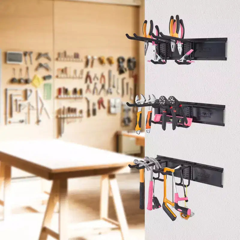 Organisateur d'outils de garage VEVOR, capacité de charge maximale de 362 kg, support de rangement mural pour jardin et cour, très résistant, avec 6 crochets réglables et 3 rails