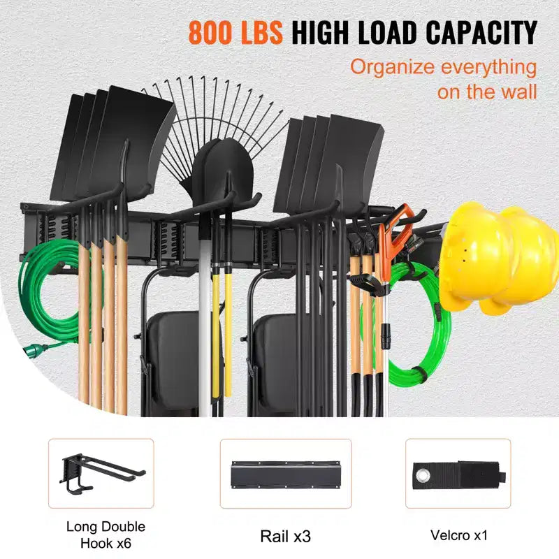 Organisateur d'outils de garage VEVOR, capacité de charge maximale de 362 kg, support de rangement mural pour jardin et cour, très résistant, avec 6 crochets réglables et 3 rails