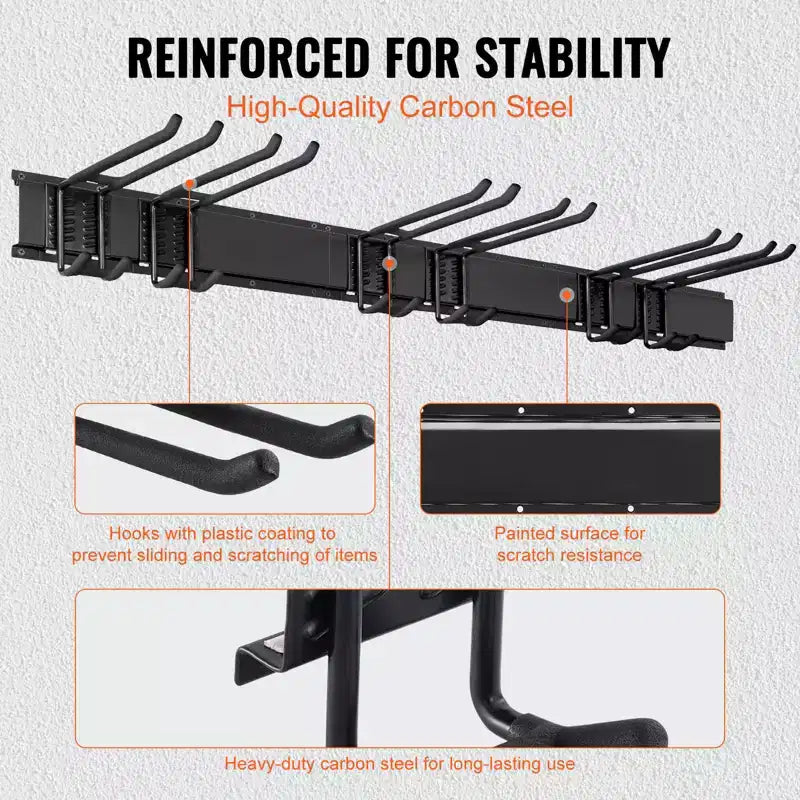 Organisateur d'outils de garage VEVOR, capacité de charge maximale de 362 kg, support de rangement mural pour jardin et cour, très résistant, avec 6 crochets réglables et 3 rails
