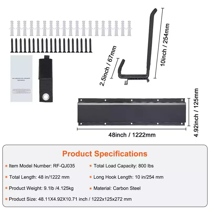 Organisateur d'outils de garage VEVOR, capacité de charge maximale de 362 kg, support de rangement mural pour jardin et cour, très résistant, avec 6 crochets réglables et 3 rails