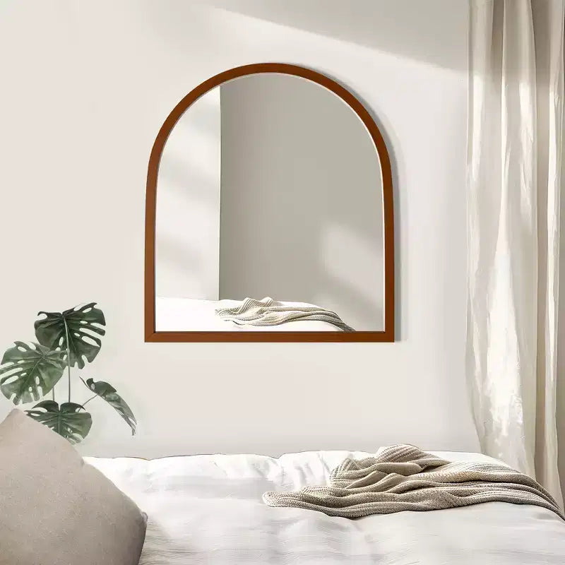 Miroir de salle de bain arqué 35x31 avec crochets de suspension, cadre en bois et images HD, miroir mural pour chambre à coucher, salon, entrée, noyer
