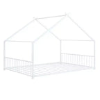 Cadre de lit double Okak avec rangement, cadre de lit double pour enfants, lit plateforme en métal en forme de maison avec lit gigogne double, blanc