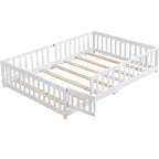 Lit jumeau Okak avec tête de lit, cadre de lit plateforme en bois massif avec clôture, adapté aux enfants, bois de pin, blanc