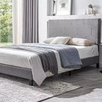 Cadre de lit plateforme rembourré Okak Queen Size, Cadre de lit en lin avec support à lattes en bois pour chambre à coucher, PU gris