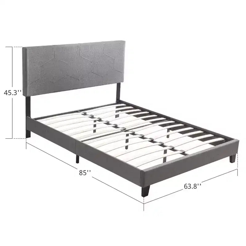 Cadre de lit plateforme rembourré Okak Queen Size, Cadre de lit en lin avec support à lattes en bois pour chambre à coucher, PU gris