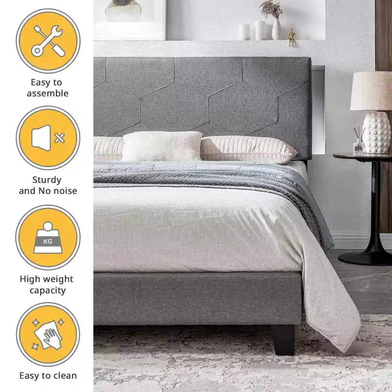 Cadre de lit plateforme rembourré Okak Queen Size, Cadre de lit en lin avec support à lattes en bois pour chambre à coucher, PU gris