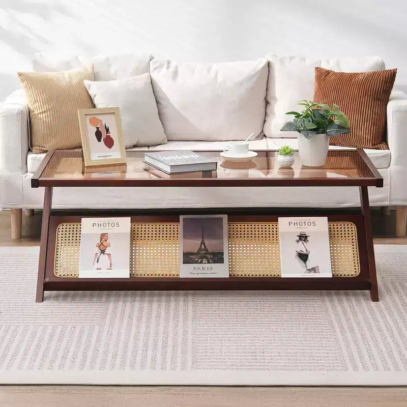 VEVOR Table Basse en Rotin, Table Basse en Bambou Tressé en Rotin en Forme de Z avec Plateau en Verre Trempé, Table Basse de Rangement Bohème Moderne de 47" avec Pieds en Bambou