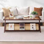 VEVOR Table Basse en Rotin, Table Basse en Bambou Tressé en Rotin en Forme de Z avec Plateau en Verre Trempé, Table Basse de Rangement Bohème Moderne de 47" avec Pieds en Bambou