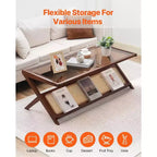 VEVOR Table Basse en Rotin, Table Basse en Bambou Tressé en Rotin en Forme de Z avec Plateau en Verre Trempé, Table Basse de Rangement Bohème Moderne de 47" avec Pieds en Bambou