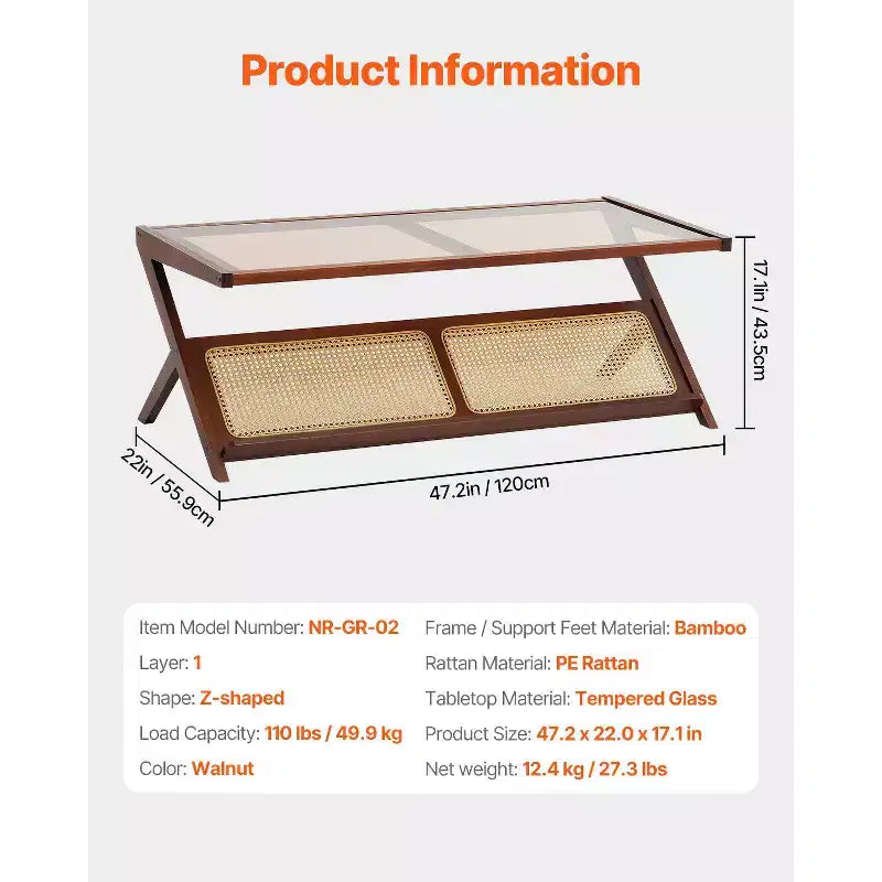 VEVOR Table Basse en Rotin, Table Basse en Bambou Tressé en Rotin en Forme de Z avec Plateau en Verre Trempé, Table Basse de Rangement Bohème Moderne de 47" avec Pieds en Bambou