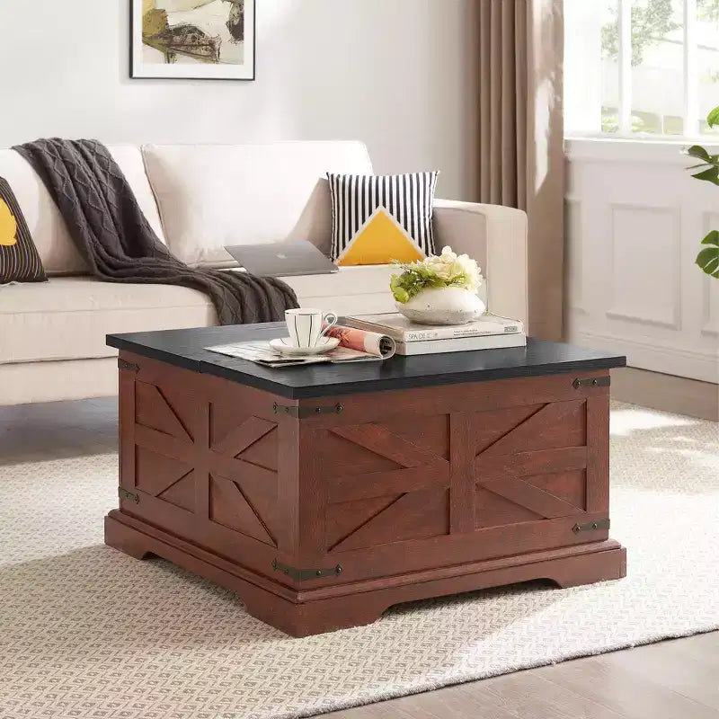 Table basse carrée de rangement GDFStudio Alice 31,50 en bois avec plateau relevable à charnière