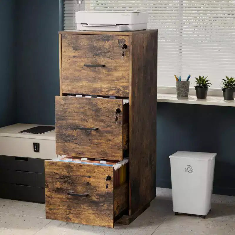 Karl Home Meuble Classeur Vertical en MDF Marron à 3 Tiroirs, 39 cm L