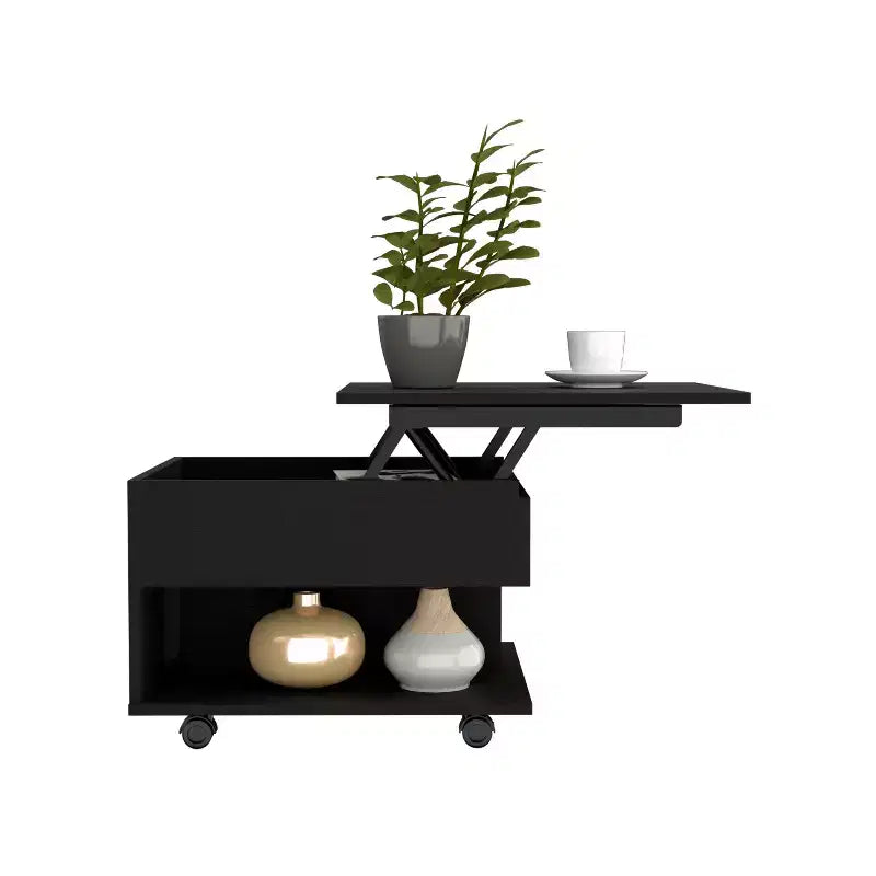 Table basse relevable rectangulaire moderne Okak 15.3 H avec roulettes et 1 étagère ouverte pour salon/bureau, gain de place
