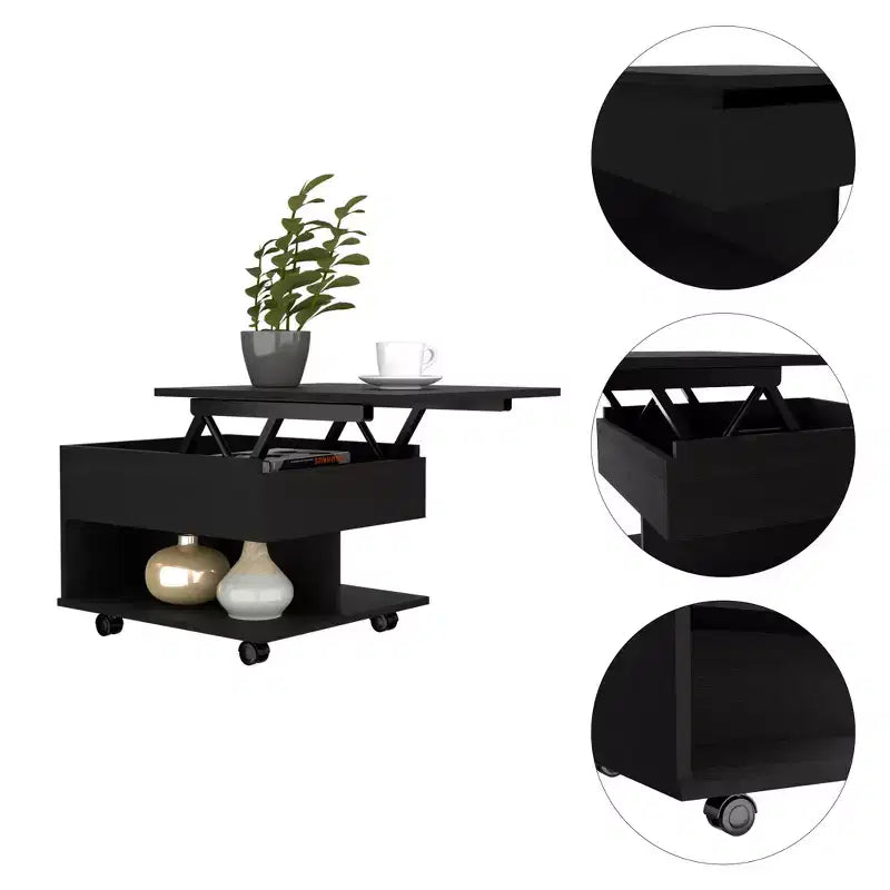 Table basse relevable rectangulaire moderne Okak 15.3 H avec roulettes et 1 étagère ouverte pour salon/bureau, gain de place