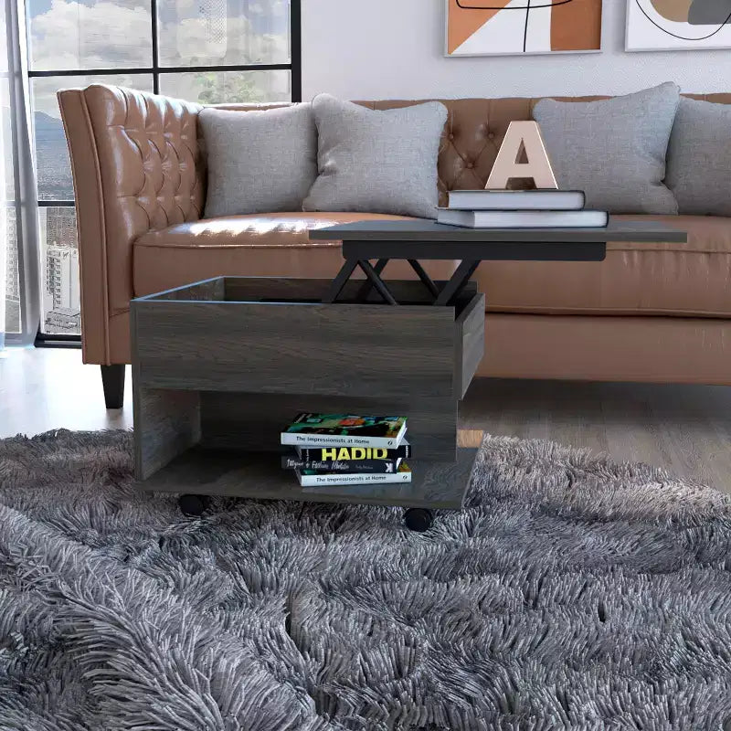 Table basse relevable rectangulaire moderne Okak 15.3 H avec roulettes et 1 étagère ouverte pour salon/bureau, gain de place
