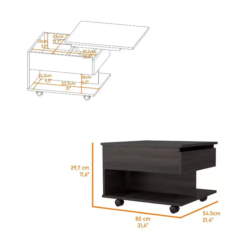 Table basse relevable rectangulaire moderne Okak 15.3 H avec roulettes et 1 étagère ouverte pour salon/bureau, gain de place