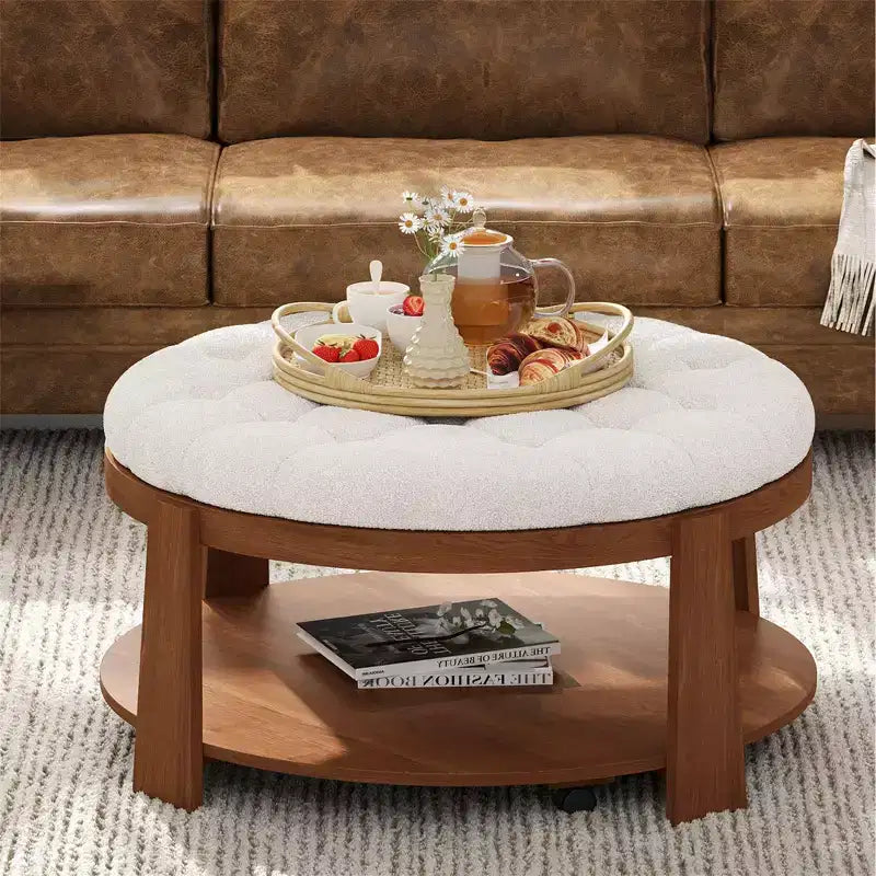 Table basse ottomane ronde Okak, grande, à 2 niveaux, capitonnée avec étagère de rangement pour salon/bureau, gain de place