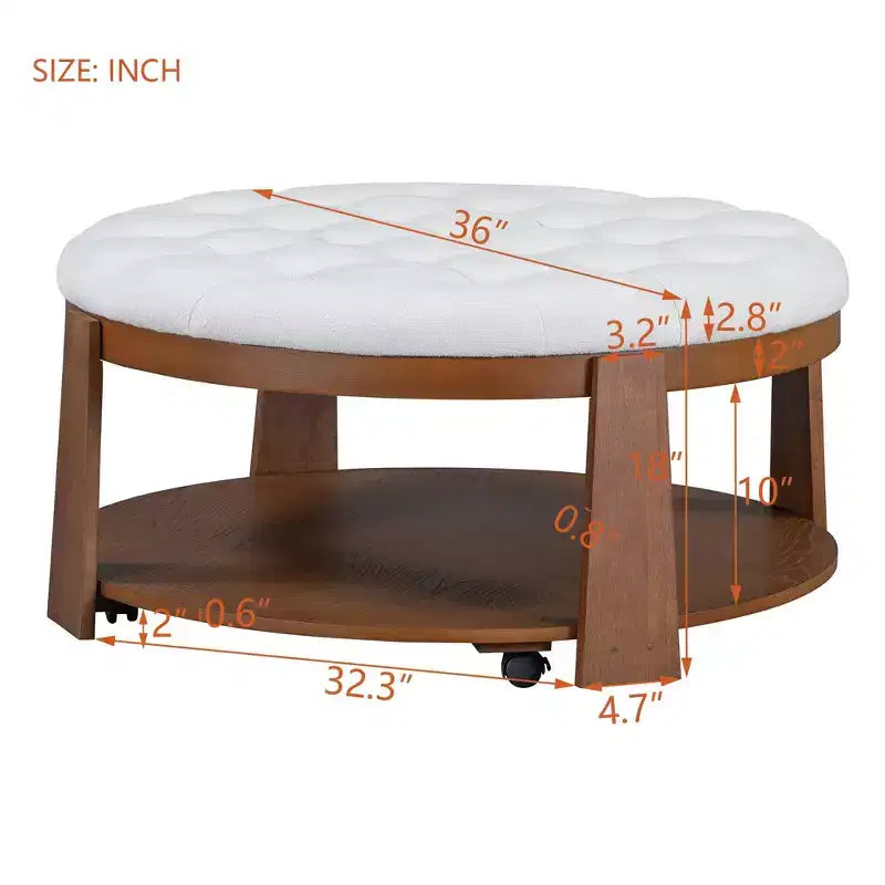 Table basse ottomane ronde Okak, grande, à 2 niveaux, capitonnée avec étagère de rangement pour salon/bureau, gain de place