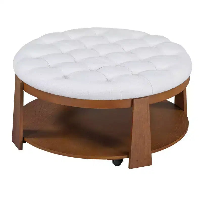 Table basse ottomane ronde Okak, grande, à 2 niveaux, capitonnée avec étagère de rangement pour salon/bureau, gain de place