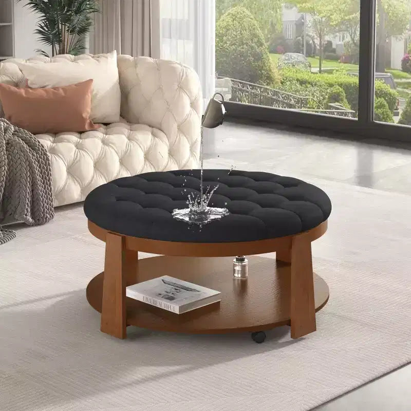 Table basse ottomane ronde Okak, grande, à 2 niveaux, capitonnée avec étagère de rangement pour salon/bureau, gain de place