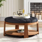 Table basse ottomane ronde Okak, grande, à 2 niveaux, capitonnée avec étagère de rangement pour salon/bureau, gain de place