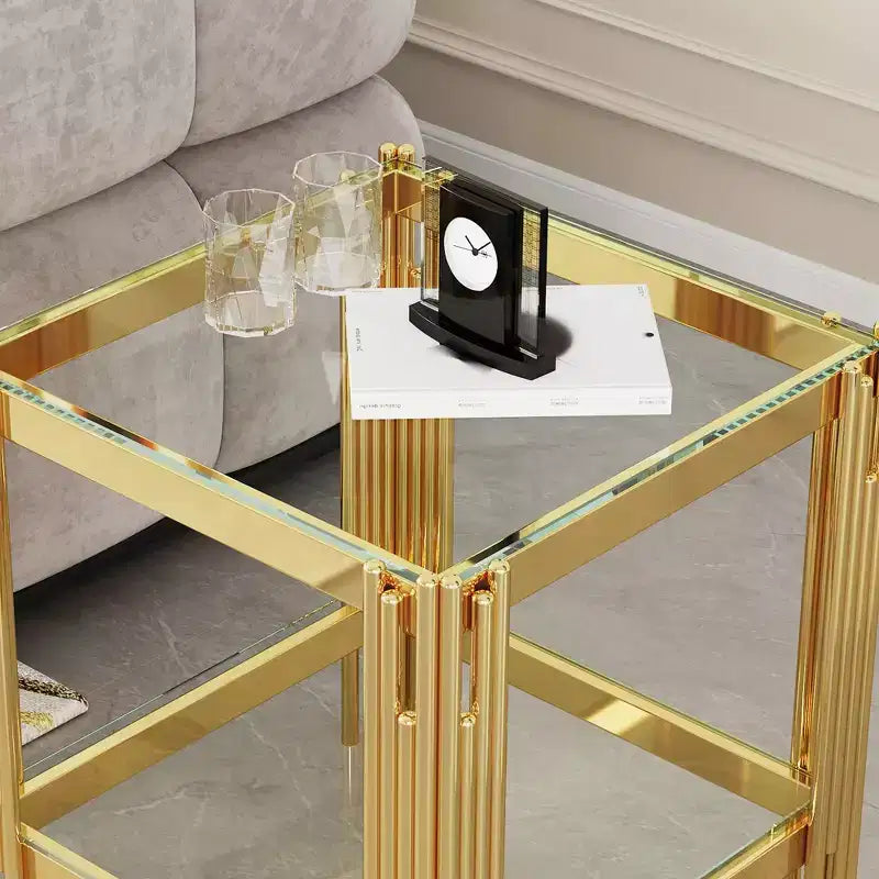 Table basse rectangulaire/carrée Okak avec plateau en verre trempé et cadre en acier pour salon/bureau, peu encombrante
