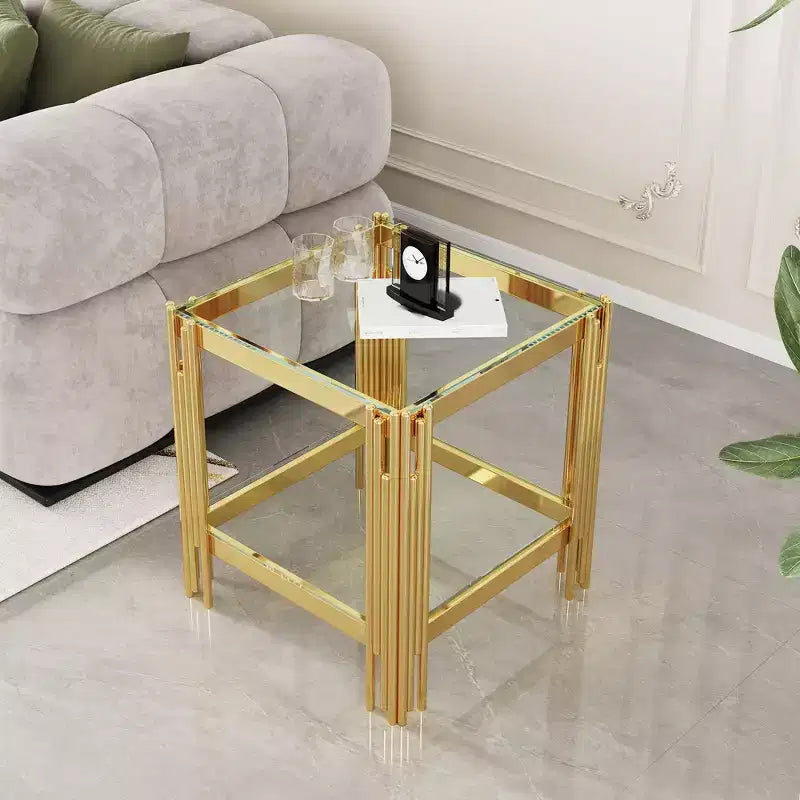Table basse rectangulaire/carrée Okak avec plateau en verre trempé et cadre en acier pour salon/bureau, peu encombrante