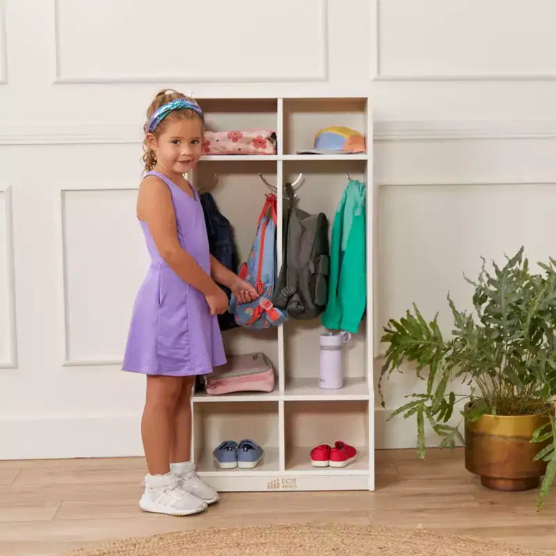 Portemanteau 2 sections ECR4Kids avec banc et casiers de rangement, mobilier pour enfants