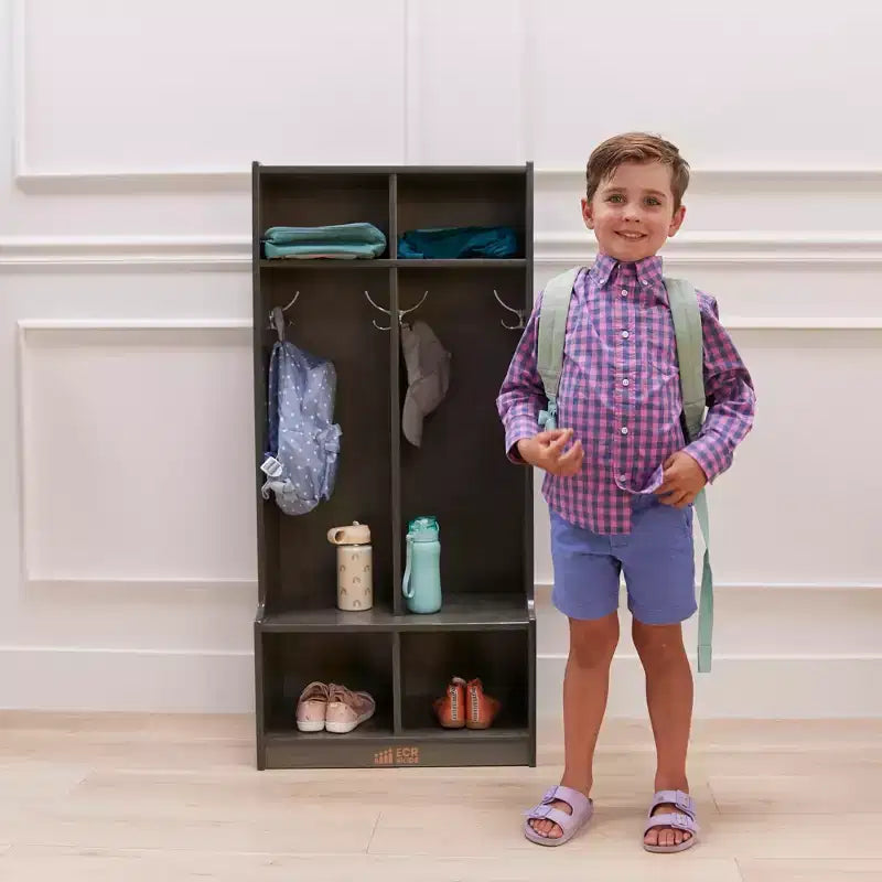 Portemanteau 2 sections ECR4Kids avec banc et casiers de rangement, mobilier pour enfants