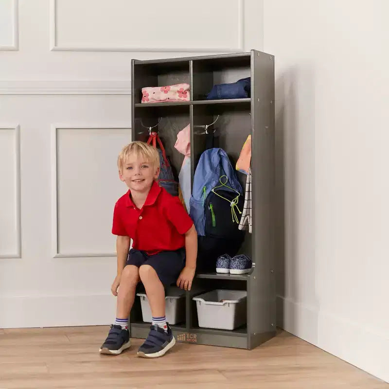 Portemanteau 2 sections ECR4Kids avec banc et casiers de rangement, mobilier pour enfants