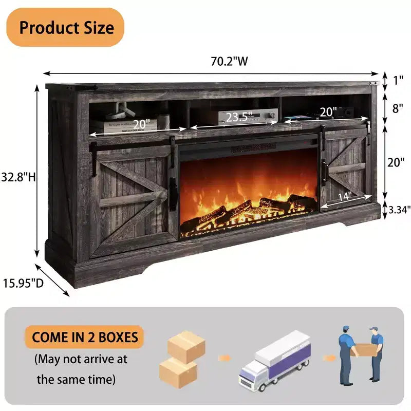 Meuble TV SinCiDo pour téléviseurs 75 pouces avec foyer et porte coulissante style grange, avec télécommande, flamme 3D, pour salon