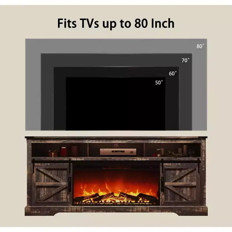 Meuble TV SinCiDo pour téléviseurs 75 pouces avec foyer et porte coulissante style grange, avec télécommande, flamme 3D, pour salon